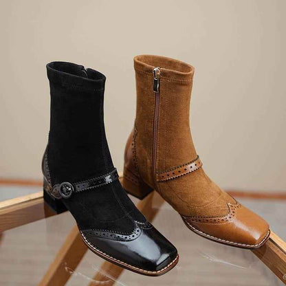 Leather Thick Heel Ankle Boots Fashion Flock Women&