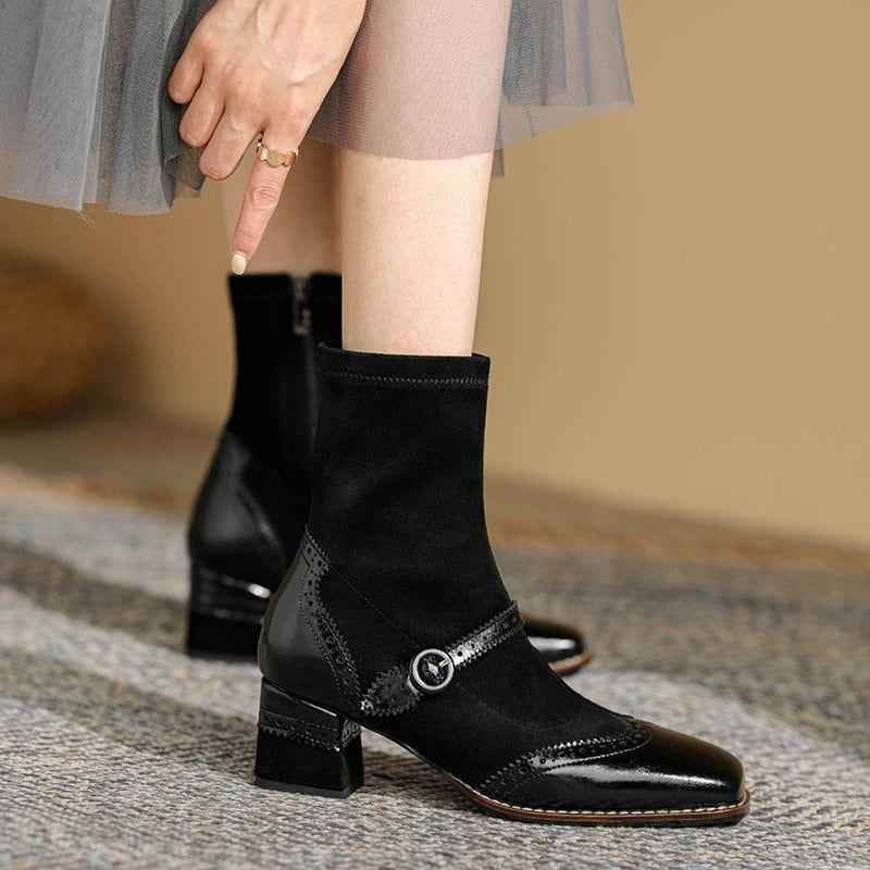 Leather Thick Heel Ankle Boots Fashion Flock Women&