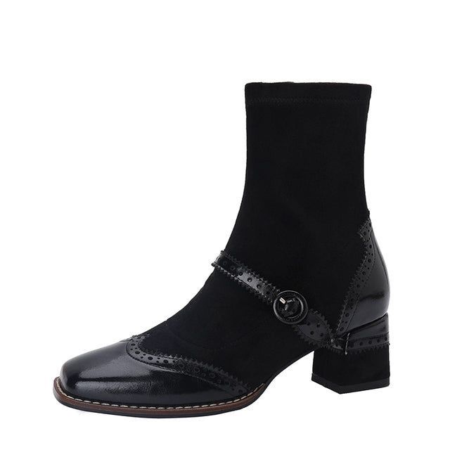 Leather Thick Heel Ankle Boots Fashion Flock Women&