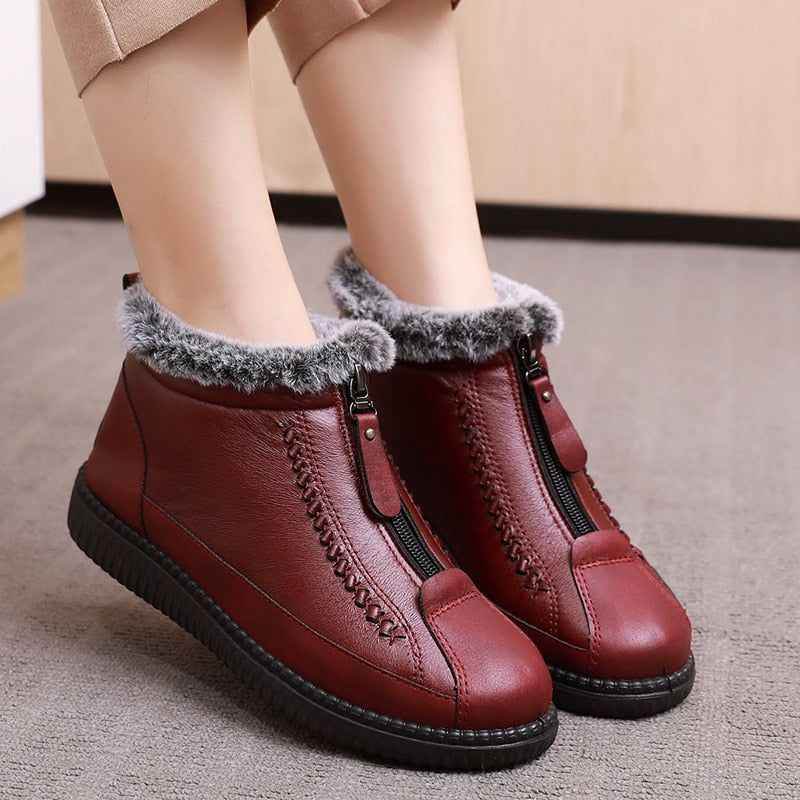 Leather Waterproof Boots Velvet Warm Lightweight Flat Women&