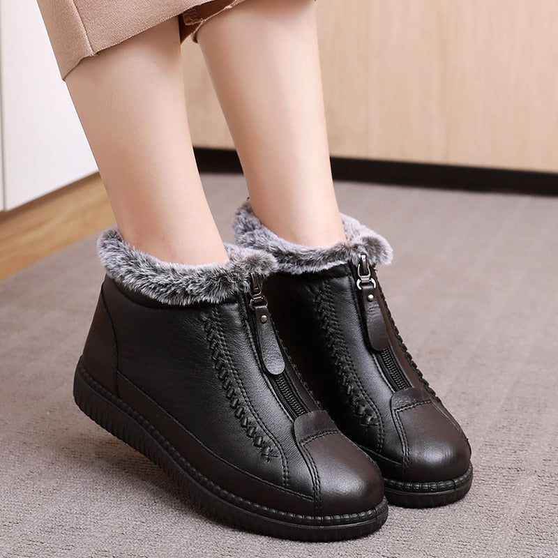 Leather Waterproof Boots Velvet Warm Lightweight Flat Women&