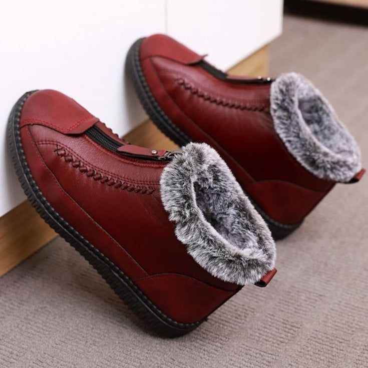 Leather Waterproof Boots Velvet Warm Lightweight Flat Women&