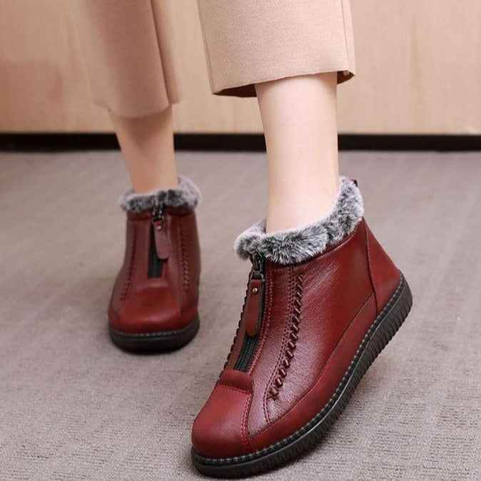 Leather Waterproof Boots Velvet Warm Lightweight Flat Women&