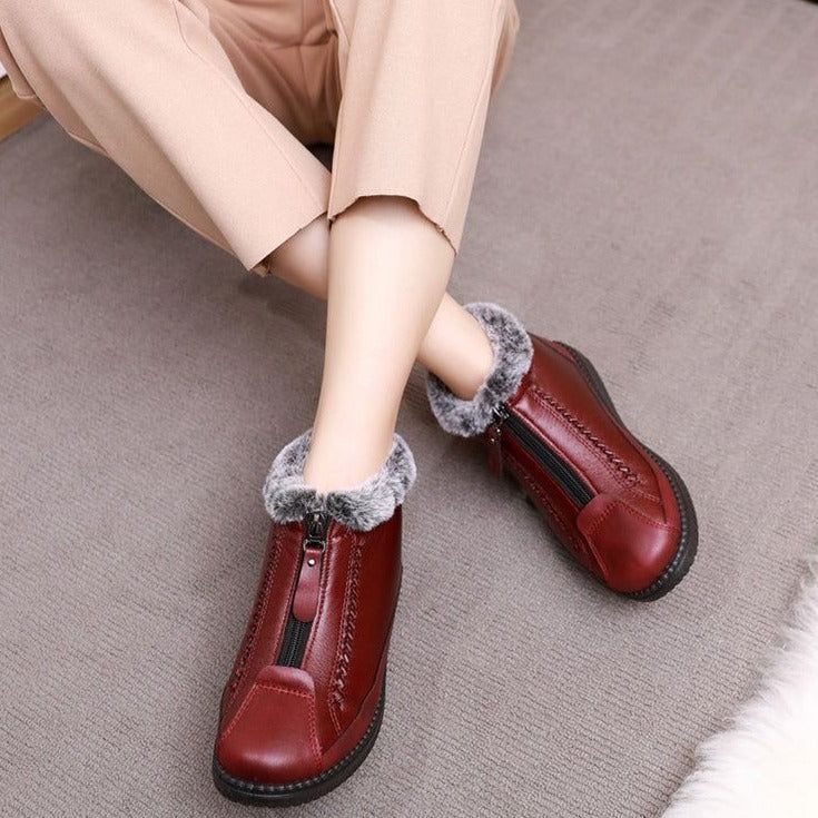Leather Waterproof Boots Velvet Warm Lightweight Flat Women&