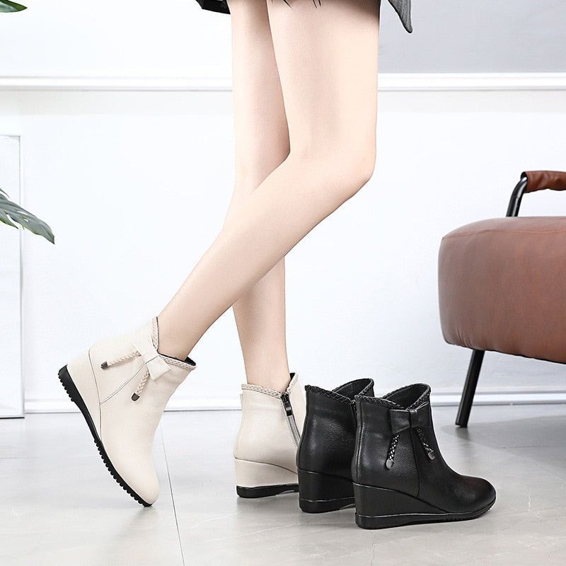 Leather Wedges Short Ankle Boots Women&