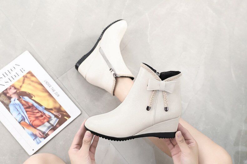 Leather Wedges Short Ankle Boots Women&