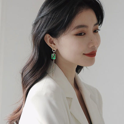 Long Drop Earrings ECJWY57 Green Square Tassel Korean Accessories - Touchy Style .