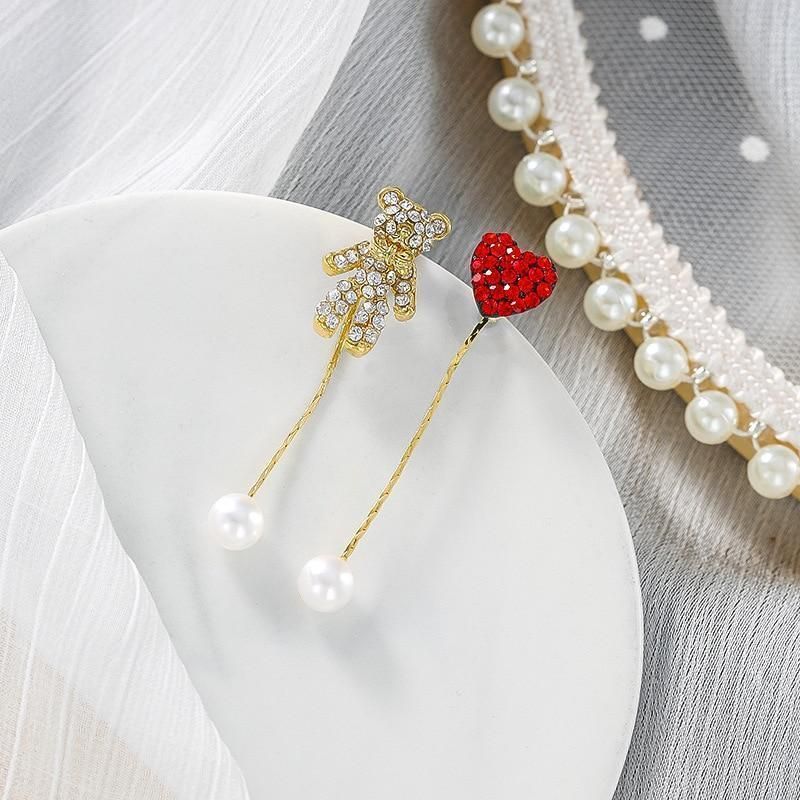Long Earrings Charm Jewelry Crystal Heart Bear Pearl DM20X12 - Touchy Style .