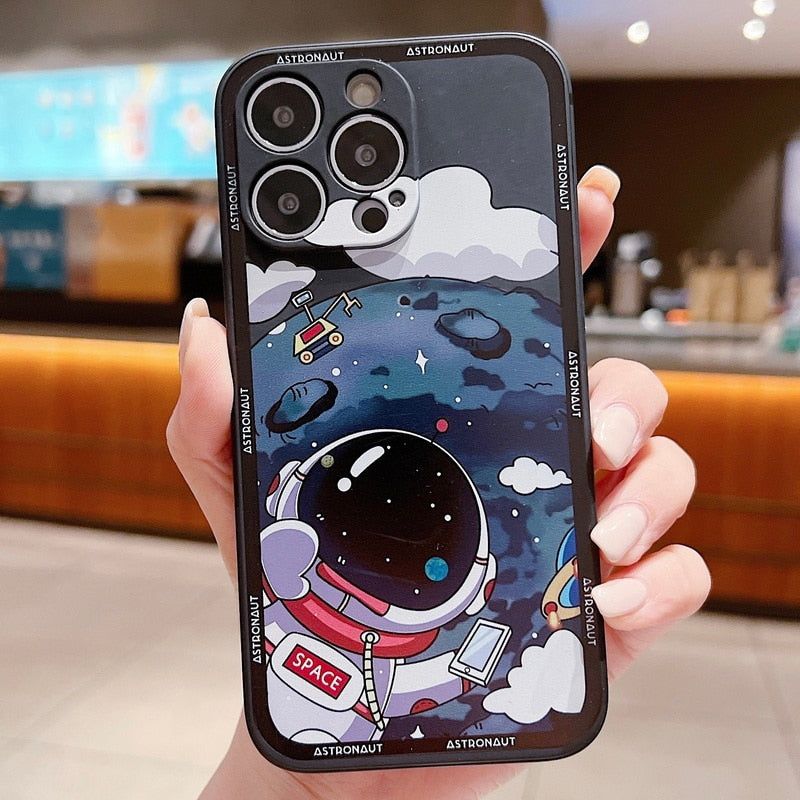 Luxury Shockproof Silicone Bumper Cute Phone Case for iPhone 13, 12, 11, 14 Pro Max, XS, X, XR, 8, 7, Plus, SE (2020) - Space Astronaut Design - Touchy Style .