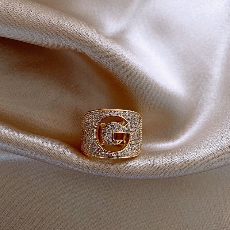 initial 'G' Letter CZ Gold and Rhodium Plated Alloy Adjustable Ring for  Women and Girls