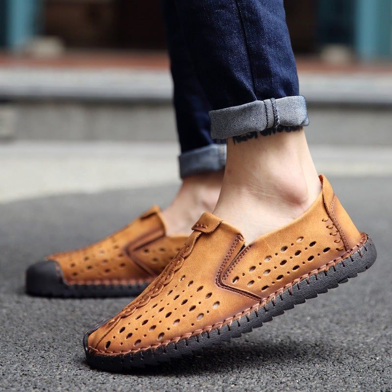 Men's Casual Shoes Leather Summer Loafers Breathable Comfortable Flat yellow-lace Up / 12.5