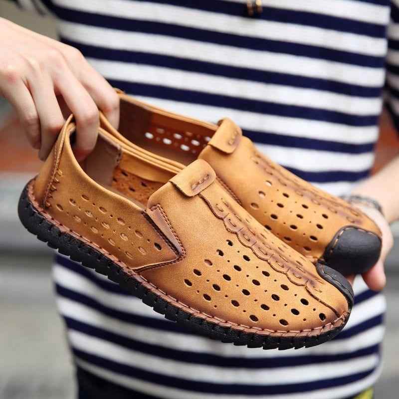 Men's Casual Shoes Leather Summer Loafers Breathable Comfortable Flat yellow-lace Up / 12.5