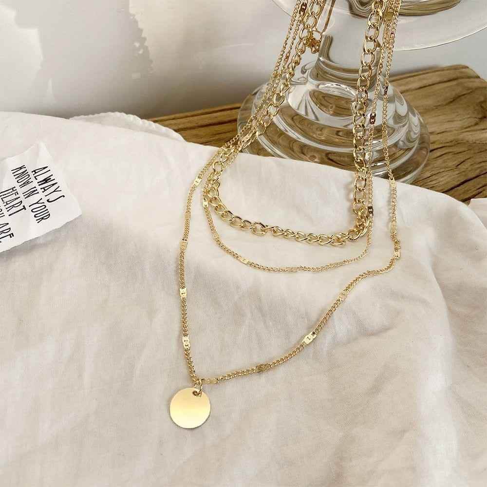 Multi-layer Necklaces Charm Jewelry SS1233 Golden Chain Rounded Pendent - Touchy Style .