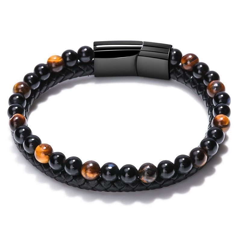 Multilayer Bracelets Charm Jewelry Nature Lava Stone Genuine Leather - Touchy Style .