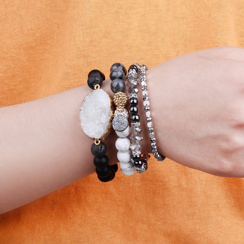 Natural Druzy Stone Bracelets Charm Jewelry Set Black Plastic Beads - Touchy Style .