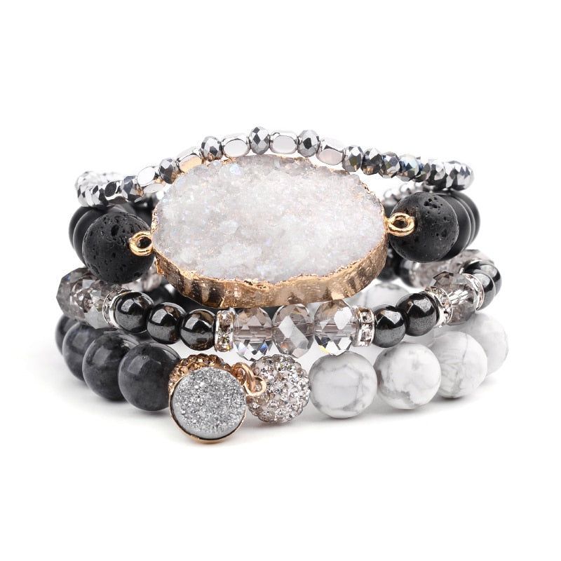 Natural Druzy Stone Bracelets Charm Jewelry Set Black Plastic Beads - Touchy Style .