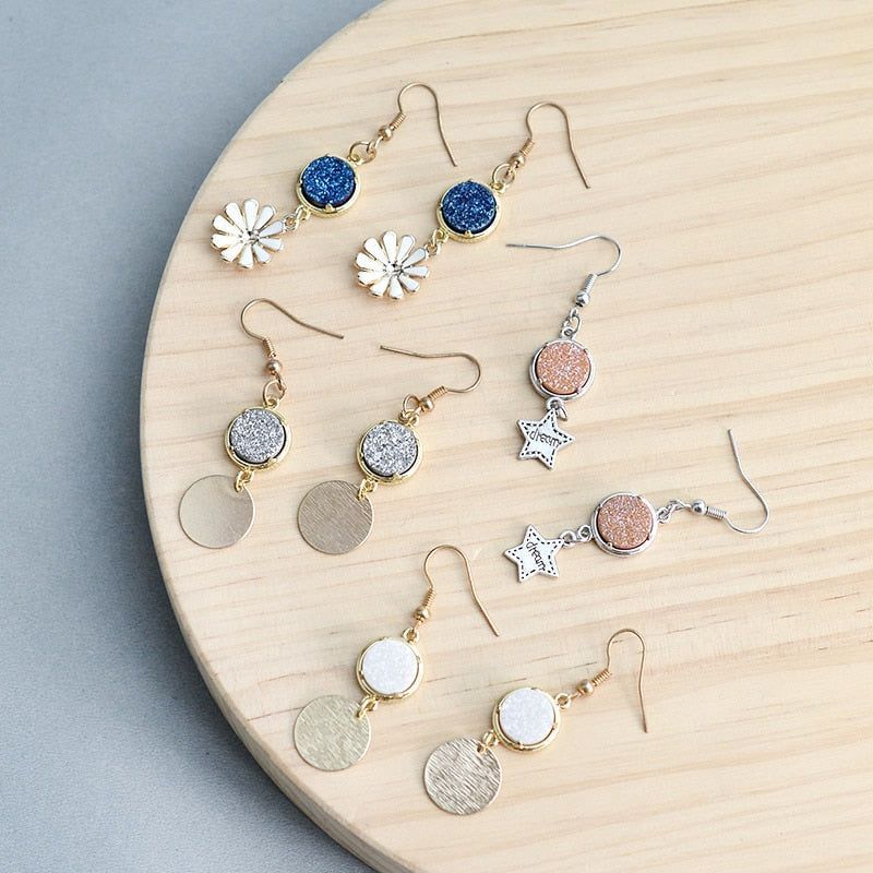 Natural Stone Druzy Drop Dangle Earrings Charm Jewelry ECJBS19 Flower Satr Shape - Touchy Style .