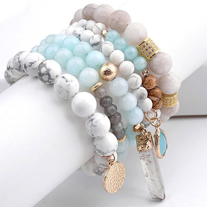 Natural Stone Glass Beads Bohemia Style 6 Pieces Bracelet Charm Jewelry Set BCJSK15 - Touchy Style .