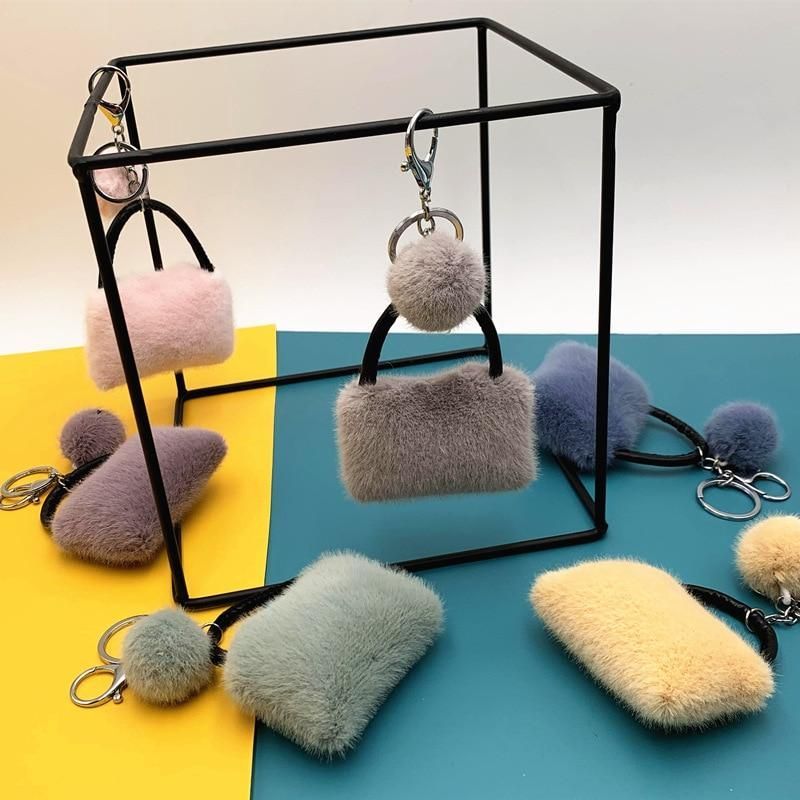 New Candy Color Bag Key Chain Cute Plush Car Key Chain Creative Couple Pendant Gift Fur Ball Hanging Accessories - Touchy Style .