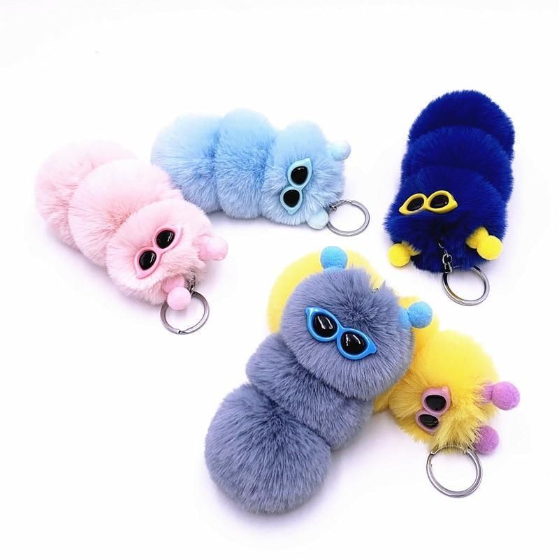 New Cute Caterpillar Keychain Cute Candy Color Cartoon Plush Bag Pendant Car Key Chain Accessories - Touchy Style .