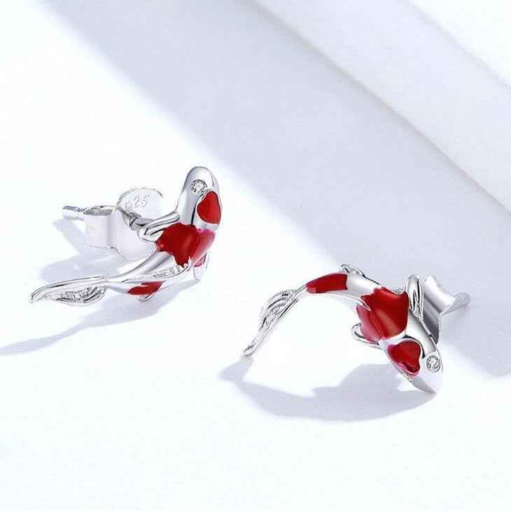 Red Koi Stud Earrings - 925 Sterling Silver Charm Jewelry (GX336) - Touchy Style