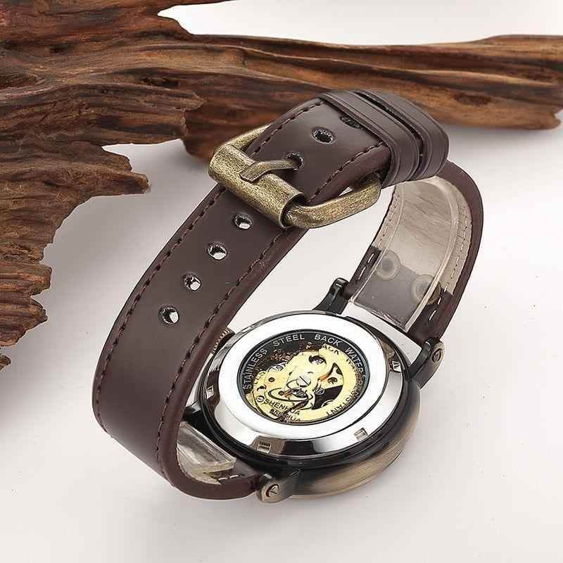 Retro Style Men Automatic Mechanical Watch Skeleton Steampunk Genuine Leather Band Men&