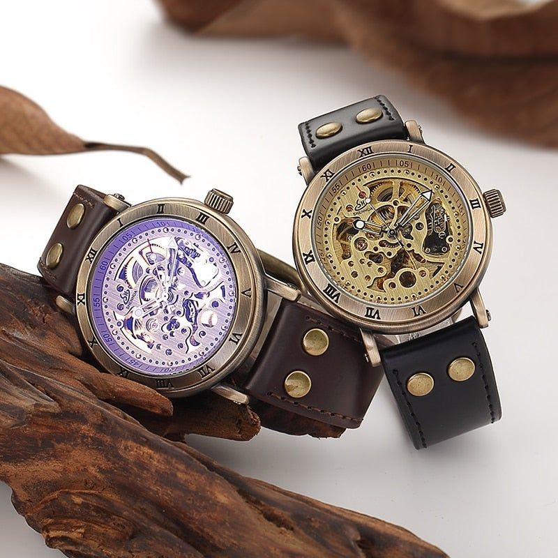Retro Style Men Automatic Mechanical Watch Skeleton Steampunk Genuine Leather Band Men&