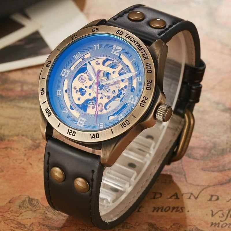 Retro Style Men Automatic Mechanical Watch Skeleton Steampunk Genuine Leather Band Men&