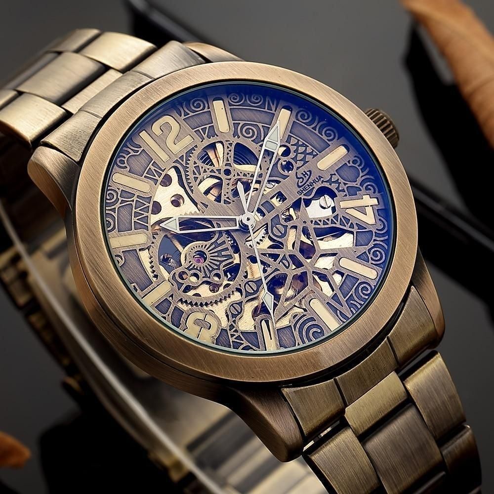 Retro Style Men Automatic Mechanical Watch Skeleton Steampunk Genuine Leather Band Men&