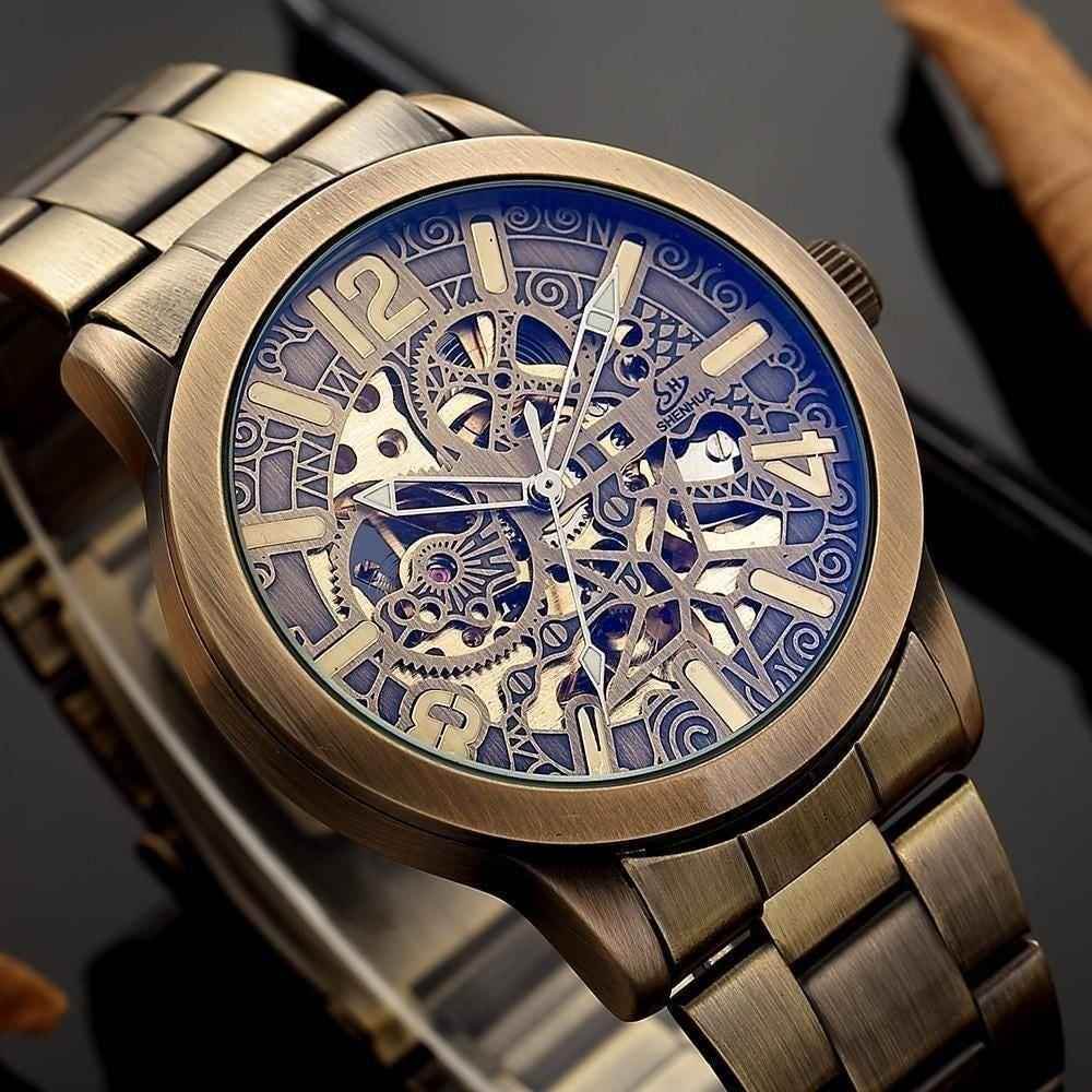 Retro Style Men Automatic Mechanical Watch Skeleton Steampunk Genuine Leather Band Men&