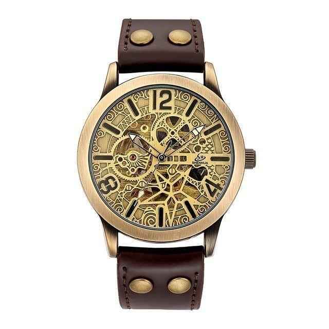 Retro Style Men Automatic Mechanical Watch Skeleton Steampunk Genuine Leather Band Men&