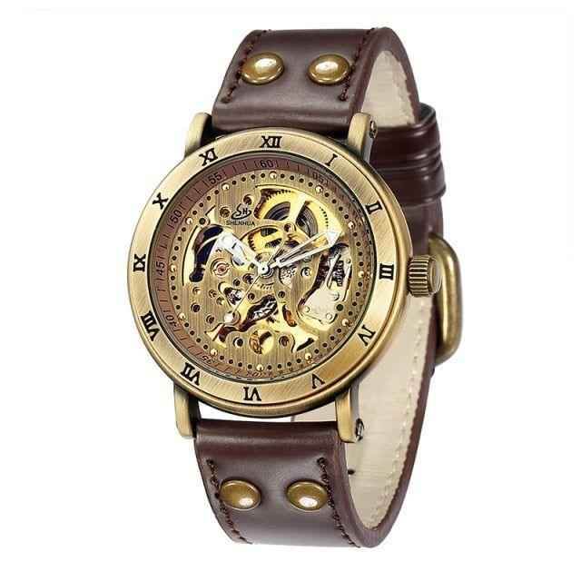 Retro Style Men Automatic Mechanical Watch Skeleton Steampunk Genuine Leather Band Men&