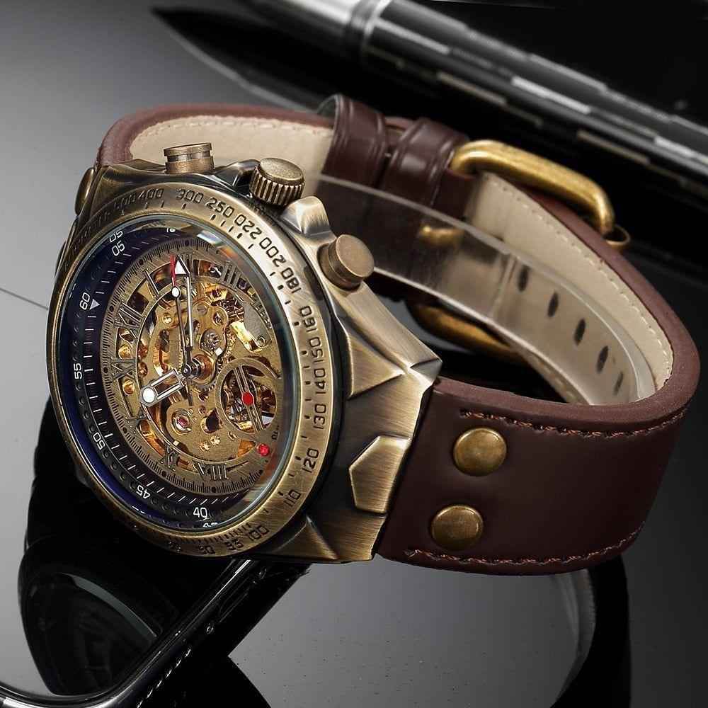 Retro Style Men Automatic Mechanical Watch Skeleton Steampunk Genuine Leather Band Men&