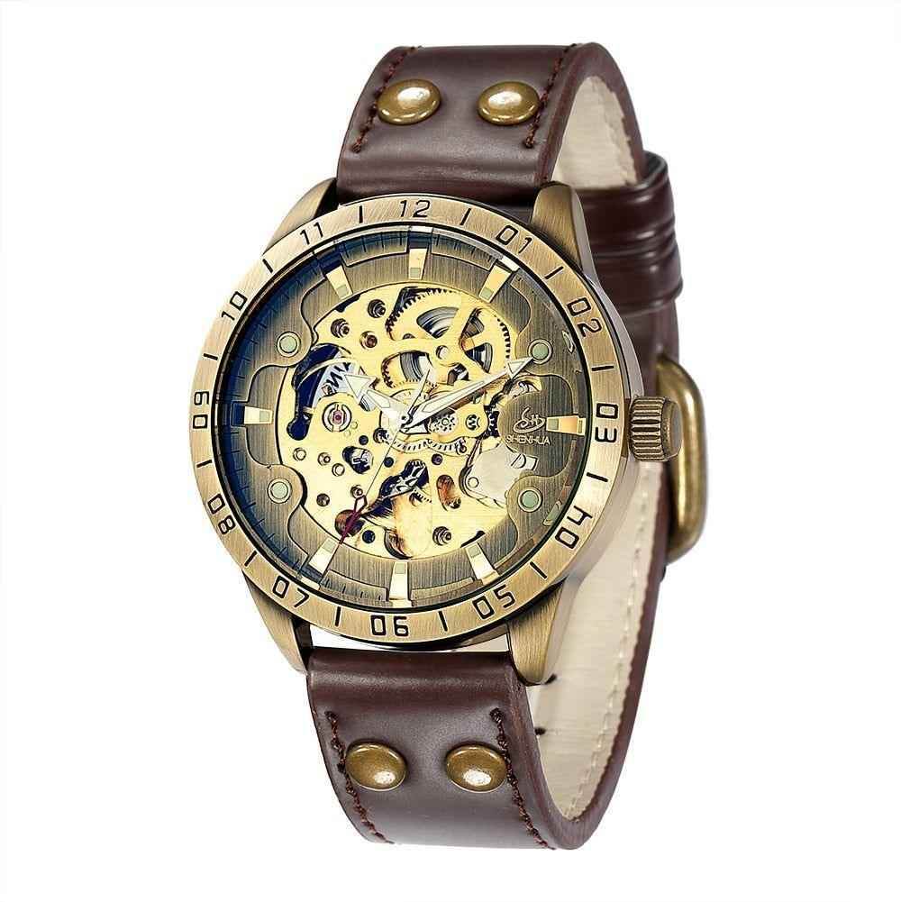 Leather Mechanical Watch - Men Automatic Steampunk Watch - Bronze Tran –  Deals DejaVu