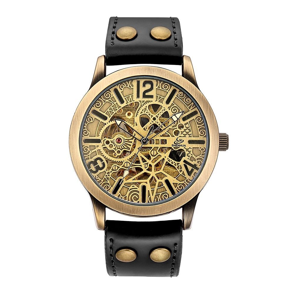Carlien Skeleton Automatic Steampunk Watches Gold-Tone Luminous Hands  Leather Strap Wrist-Watch