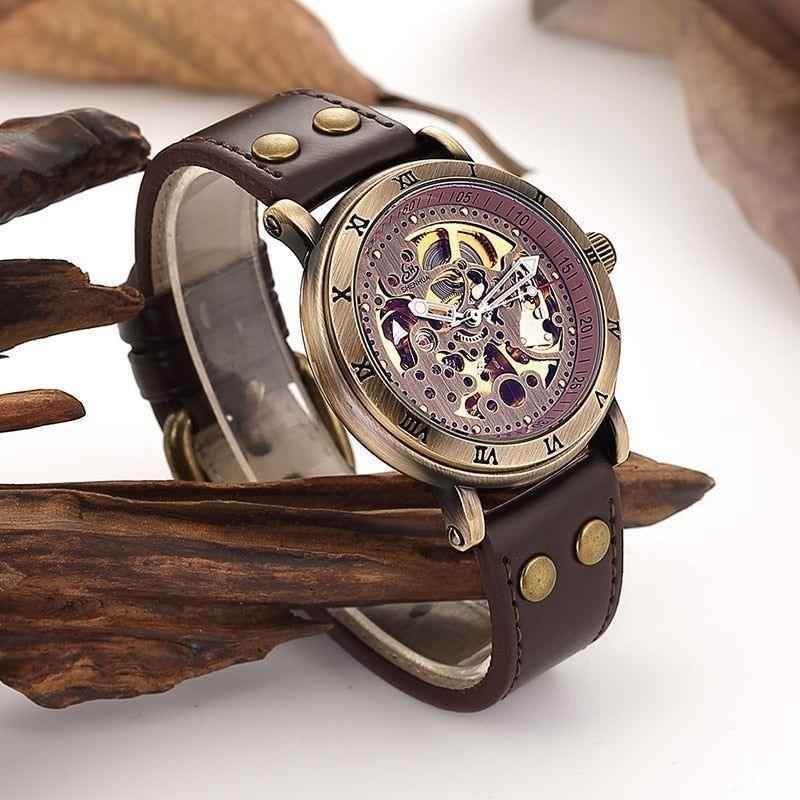 Retro Style Men Automatic Mechanical Watch Skeleton Steampunk Genuine Leather Band Men&