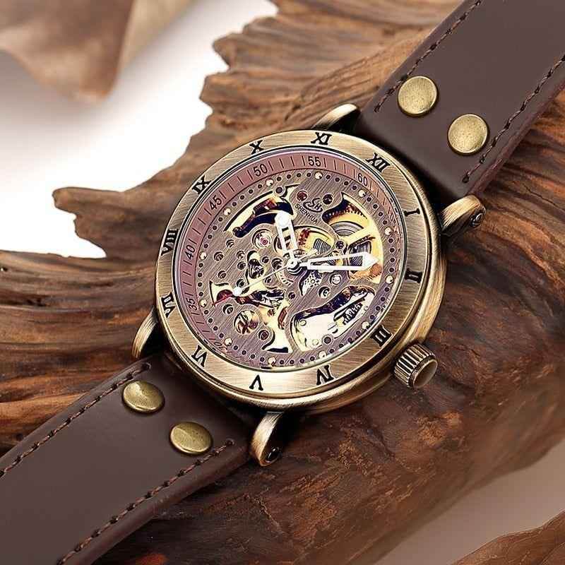 Retro Style Men Automatic Mechanical Watch Skeleton Steampunk Genuine Leather Band Men&