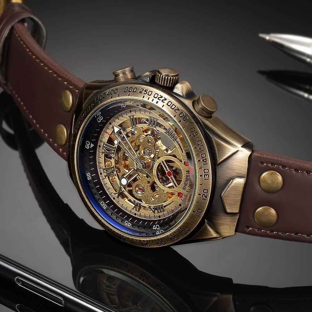 Retro Style Men Automatic Mechanical Watch Skeleton Steampunk Genuine Leather Band Men&