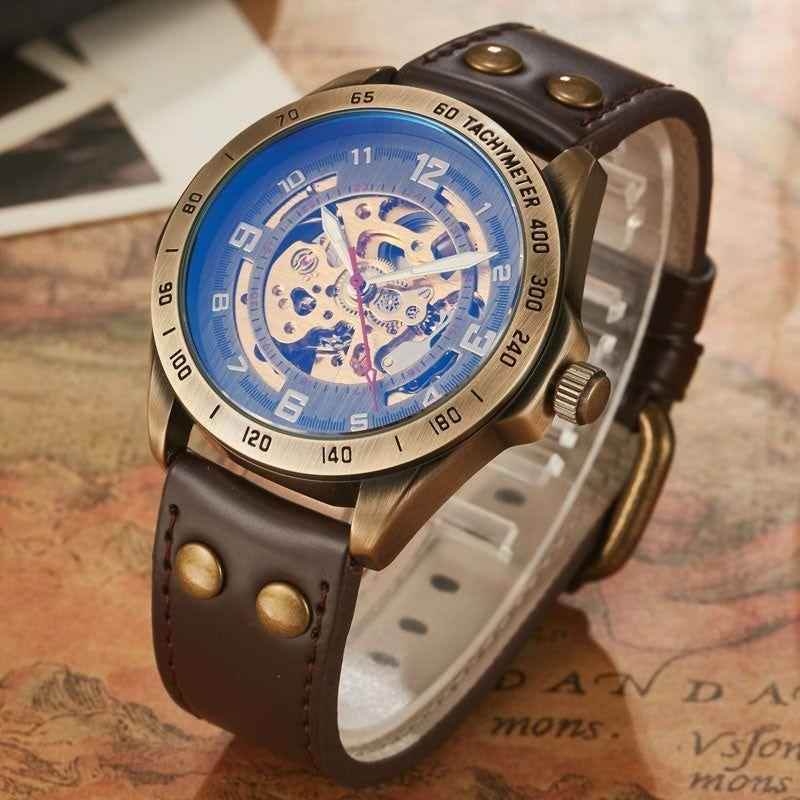 Retro Style Men Automatic Mechanical Watch Skeleton Steampunk Genuine Leather Band Men&