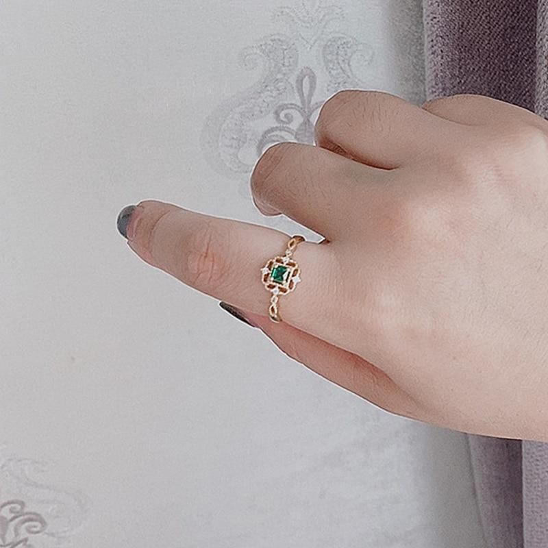 Ring Charm Jewelry Golden Color Temperament Emerald Rings Adjustable Design - Touchy Style .