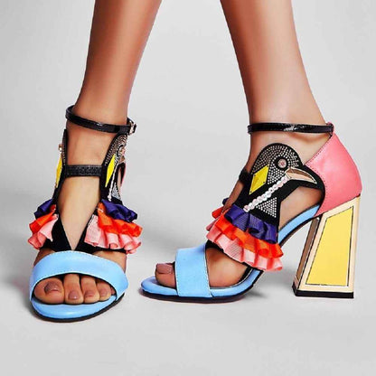 Ruffles Bird High Heel Sandals - Chunky Casual Shoes RX340 - Touchy Style
