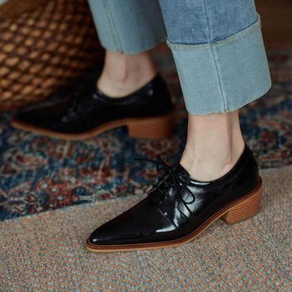 Split Leather Oxfords Chunky Heel Pumps Women&