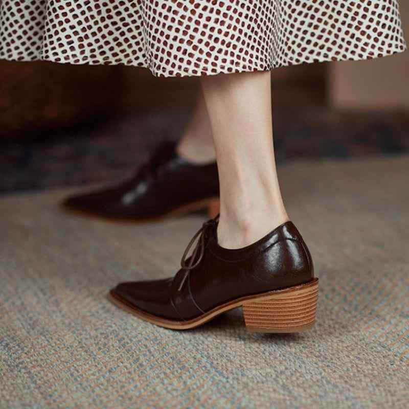 Split Leather Oxfords Chunky Heel Pumps Women&