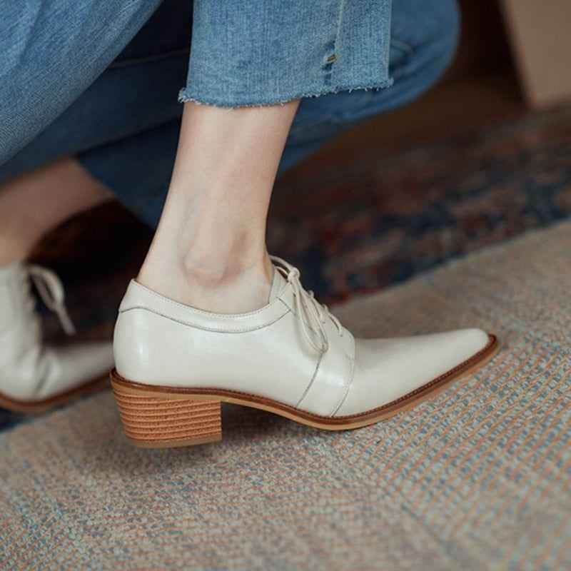 Split Leather Oxfords Chunky Heel Pumps Women&