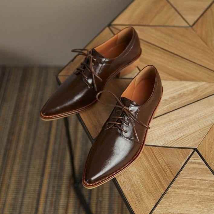 Split Leather Oxfords Chunky Heel Pumps Women&