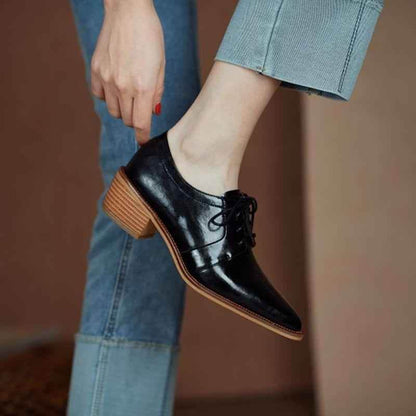 Split Leather Oxfords Chunky Heel Pumps Women&