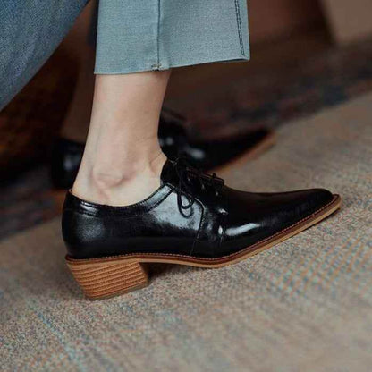 Split Leather Oxfords Chunky Heel Pumps Women&