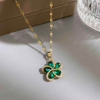 Stainless Steel Green Zircon Flowers Pendant Necklace Charm Jewelry NCJIO30 - Touchy Style .