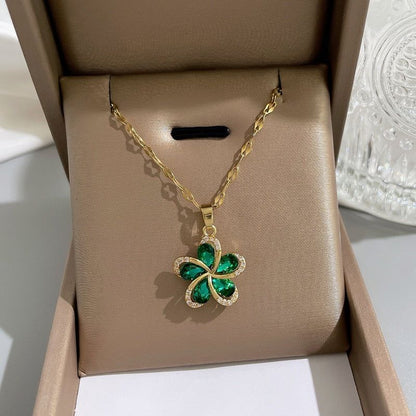 Stainless Steel Green Zircon Flowers Pendant Necklace Charm Jewelry NCJIO30