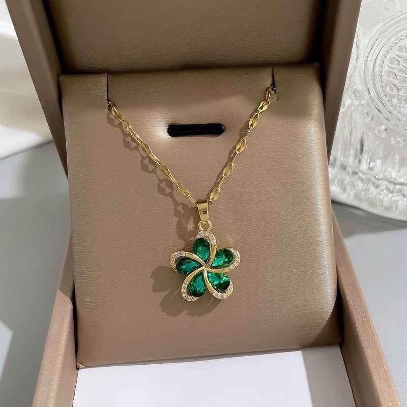 Stainless Steel Green Zircon Flowers Pendant Necklace Charm Jewelry NCJIO30 - Touchy Style